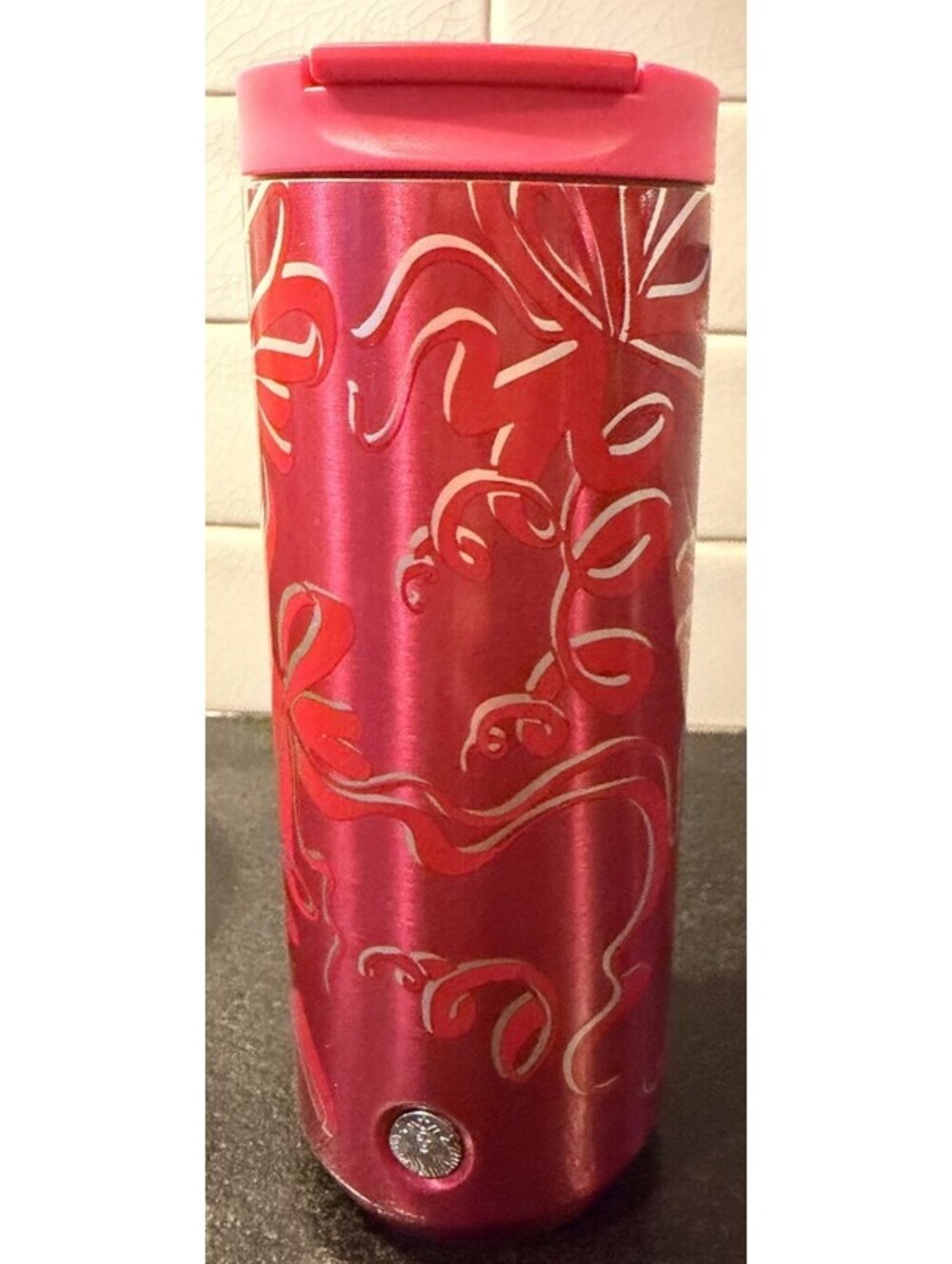 Starbucks 2023 Pink Red Silver Ribbon Stainless Steel Tumbler 12 Oz.